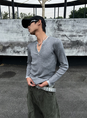 THREENINE 小众设计感假两件V领修身坑条针织衫纯色打底毛衣男潮