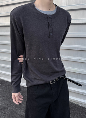 THREENINE韩系秋冬羊毛针织毛衣打底衫男假两件设计感ins休闲上衣