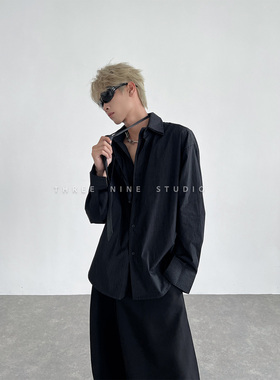 THREENINE休闲风设计感领带长袖衬衫男宽松高级感禁欲系翻领衬衣