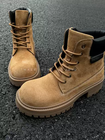 THREE NINE Street Retro Yellow Suede High Top Martin Boots, Men's and Women's Versatile Big Head Shoes, Casual and Climax Boosting
