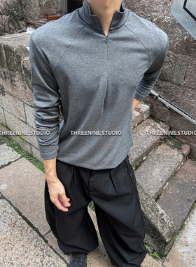 THREENINE 秋冬修身隐藏半拉链正肩长袖立领T恤打底衫百搭男女潮