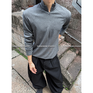 THREENINE 秋冬修身隐藏半拉链正肩长袖立领T恤打底衫百搭男女潮