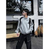 简约纯色双层领拉链宽松长袖 THREENINE 灰色卫衣外套男韩版 卫衣女