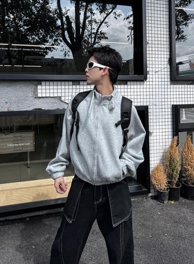 THREENINE 灰色卫衣外套男韩版简约纯色双层领拉链宽松长袖卫衣女
