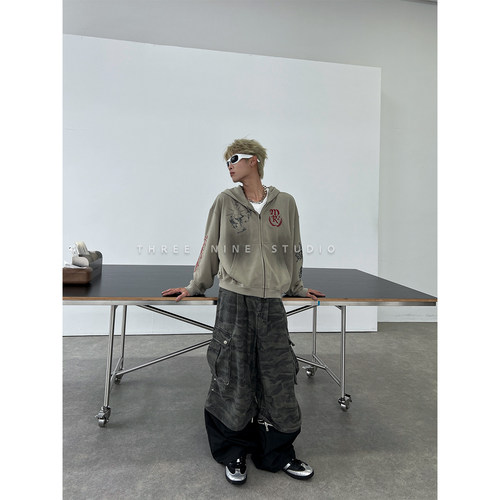 THREENINE迷彩多口袋工装阔腿裤