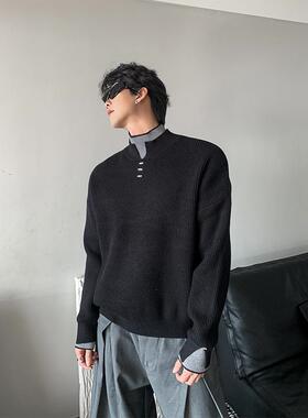 THREENINE原创 冬季双领撞色设计感高领针织衫毛衣男宽松长袖上衣