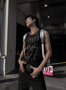 THREENINE 嘻哈背心春夏新款字母印花运动健身美式修身无袖T恤潮