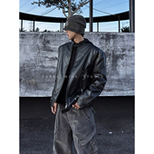 THREENINE 韩系秋冬街头立领机车PU黑色皮衣90白鸭绒羽绒服外套男