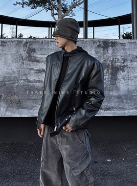 THREENINE 韩系秋冬街头立领机车PU黑色皮衣90白鸭绒羽绒服外套男