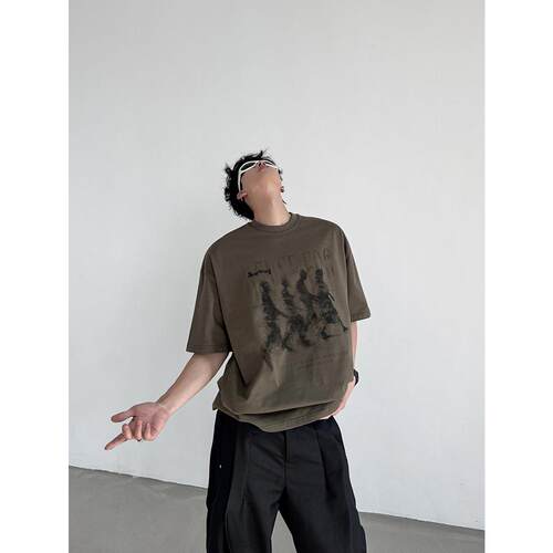 THREENINE 韩系流行百搭街头人物印花短袖T恤宽松休闲上衣vintage