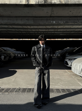 THREENINE 秋冬短款翻领黑色皮衣夹克男女高级感廓形外套cleanfit