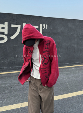 THREENINE 韩系街头连帽针织开衫毛衣男女秋冬印花cleanfit外套潮