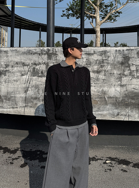 THREENINE 韩系扭花双领设计感亨利领针织毛衣男百搭秋冬打底衫潮