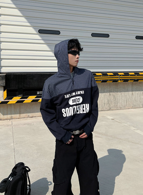 THREENINE 街头字母印花拼接格子连帽卫衣男宽松拉链时髦外套潮