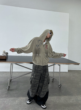 THREENINE 美式街头字母刺绣印花连帽卫衣男女拉链开衫宽松外套潮