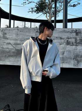 TNREEHINE韩式连帽格子重磅夹克男宽松廓形硬挺简约高级感外套潮