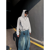 THREENINE 街头纽扣设计连帽卫衣男女灰色短款 宽松百搭休闲卫衣