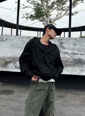THREENINE 春季简约连帽假两件衬衫男高级感轻奢百搭通勤cleanfit