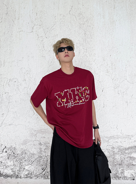 THREENINE [落日沙滩] 刺绣钉珠花卉设计感五性别短袖宽松圆领T恤