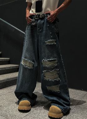 THREENINE 复古铆钉设计破洞补丁牛仔裤男宽松直筒炸街潮流裤子