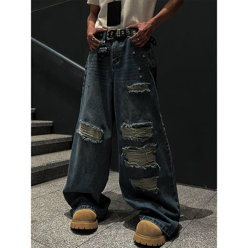 THREENINE炸街破洞补丁牛仔裤潮