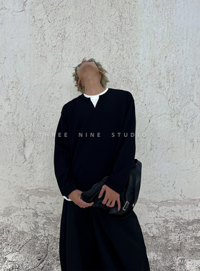 THREENINE小众设计感假两件V领长袖男宽松春季简约百搭通勤上衣潮