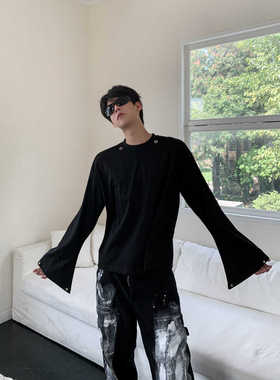 THREENINE小众设计款蝙蝠袖黑色短款街头长袖T恤男女春秋打底衫潮