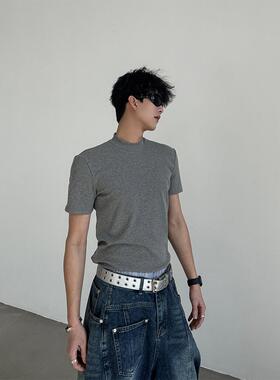 THREENINE基础好穿纯色半高领正肩T恤男女修身百搭内搭短袖上衣潮