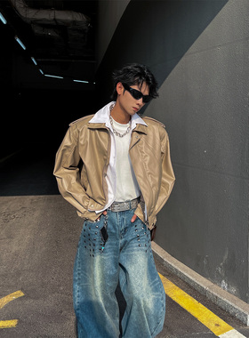 THREENINE 韩系复古假两件设计感短款翻领皮夹克男女皮衣外套潮