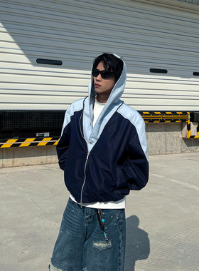 THREENINE 韩系街头设计感拼色假两件连帽夹克男女宽松时尚外套潮
