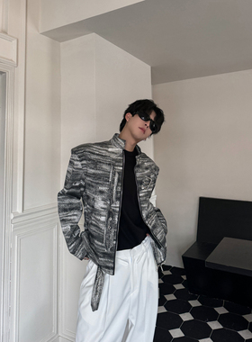 THREENINE 秋冬小众不规则拉链印花设计感立领夹克男宽松廓形外套