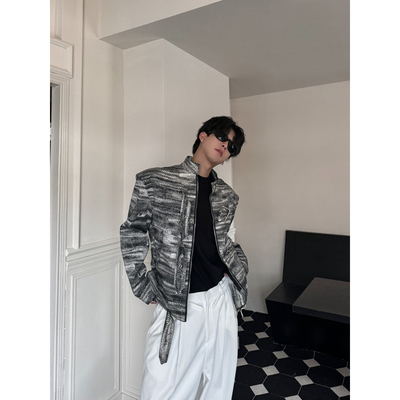 印花夹克外套立领双拉链头