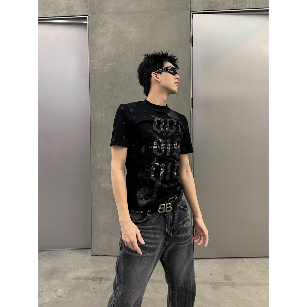 THREENINE 小众朋克字母印花T恤男女2024夏季修身圆领套头短袖潮