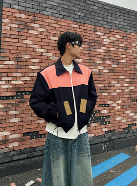 THREENINE 韩系简约设计感撞色翻领夹克男女宽松拉链时髦外套潮