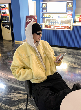 THREENINE 韩系连帽羊羔毛绒短款外套冬季假两件设计保暖高级上衣