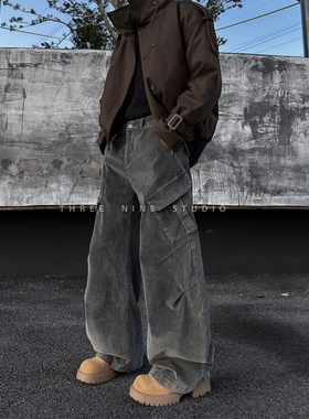 THREENINE 韩式街头灯芯绒工装裤男女阔腿弯刀裤高级感灰色休闲裤