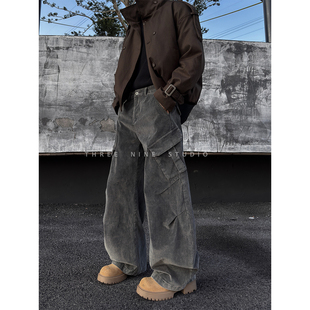 THREENINE 韩式街头灯芯绒工装裤男女阔腿弯刀裤高级感灰色休闲裤