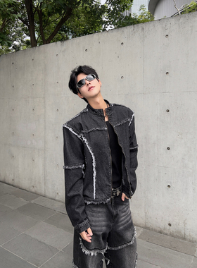 THREENINE 秋冬裁片拼接毛边水洗立领黑色短款垫肩牛仔外套男女潮