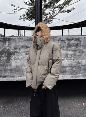 THREENINE 秋冬加厚立领保暖面包服男宽松高级感小众毛领棉服外套