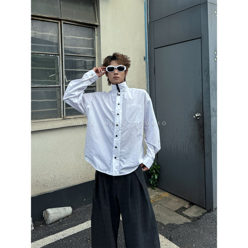 秋季男士立领纯色双门襟长袖衬衫