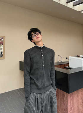 THREENINE 秋冬亨利领针织衫毛衣男修身韩版粗条纹纯色打底衫时髦