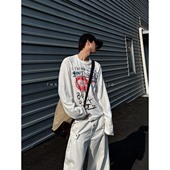 THREENINE街头复古涂鸦印花长袖 T恤男女宽松休闲百搭打底衫 上衣潮