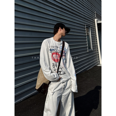 涂鸦印花长袖T恤男女宽松休闲