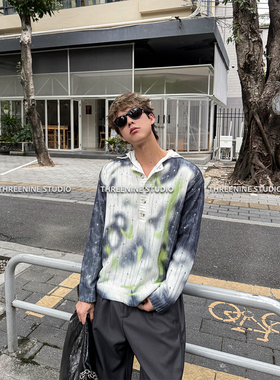 THREENINE 小众随性亨利领喷染破洞毛衣男女秋冬百搭时髦单品街头