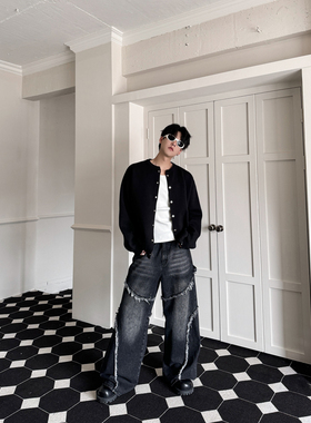 THREENINE 原创小众毛边拼接设计感水洗黑色牛仔裤男女宽松阔腿潮