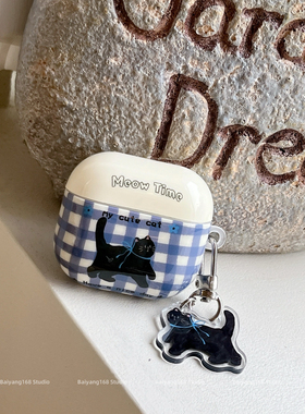 可爱蓝色格子小黑猫适用airpods4耳机保护套苹果无线蓝牙耳机壳三四airpodpro3三代ipod耳机套airpods2保护壳