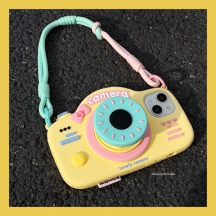 ins创意立体挂绳相机适用苹果15promax手机壳iphone14pro新款13pro软硅胶12pro女款11伸缩支架13小众14全包15