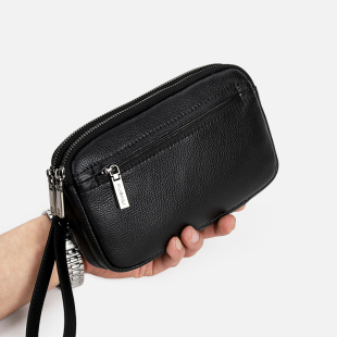 手拿包男真皮小包男士双拉链手机包商务休闲手拎包男款软牛皮手包