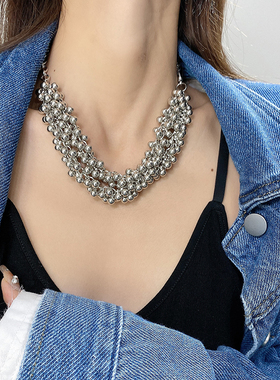 金属球项链月牙双链条项链女