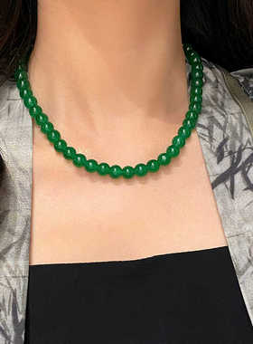 绿色玉髓翡翠色系串珠项链元宝扣